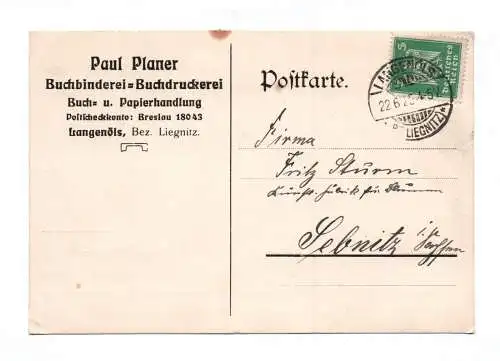 Postkarte Paul Planer Buchbinderei Buchdruckerei Langenöls Bezirk Liegnitz 1925