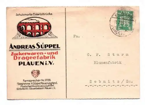 Postkarte Andreas Süppel Zuckerwaren und Drageefabrik Plauen im Vogtland 1925