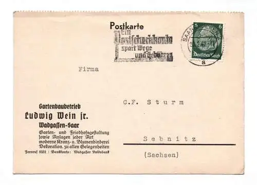 Postkarte Gartenbaubetrieb Ludwig Wein Wadgassen Saar 1942