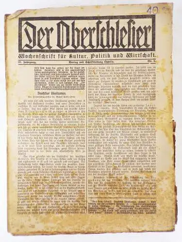 Der Oberschlesier Wochenschrift 1921 Nummer 1 bis 38 Schlesien Zeitung