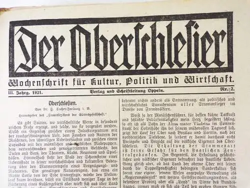 Der Oberschlesier Wochenschrift 1921 Nummer 1 bis 38 Schlesien Zeitung