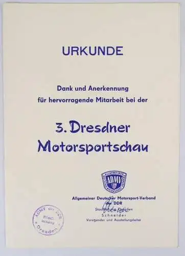 DDR Urkunde 3 Dresdner Motorsportschau ADMV 1986 Oldtimer Dresden