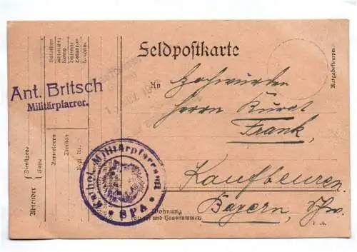 Feldpostkarte Katholisches Militärpfarramt Spa Militär Pfarrer 1917