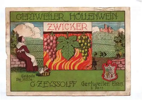 Altes Weinetikett Gertweiler Höllenwein Zwicker Zeyssolff Elsass Frankreich