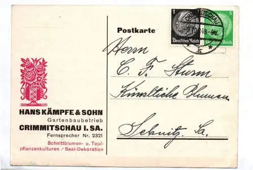 Firmen Postkarte Kämpfe u Sohn Gartenbau Crimmitschau 1934