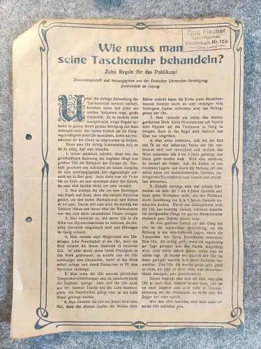 Altes Werbeblatt Wie muss man seine Taschenuhr behandeln Falkenhain