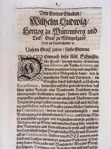 Edikt Wilhelm Ludwig Herzog zu Württemberg 1675 Stuttgart Räuber Pässe