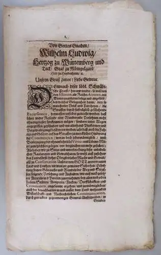 Edikt Wilhelm Ludwig Herzog zu Württemberg 1675 Stuttgart Räuber Pässe