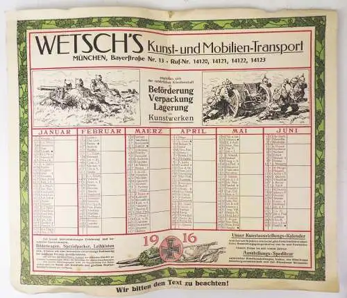 Kalender 1916 Wetsch Spediteur Transport Militär Eisernes Kreuz Eichenlaub 1 Wk