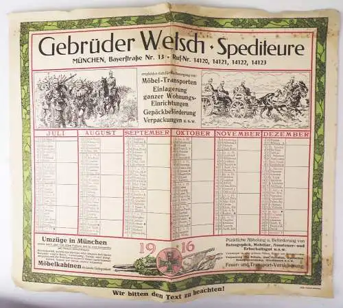 Kalender 1916 Wetsch Spediteur Transport Militär Eisernes Kreuz Eichenlaub 1 Wk