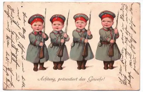 Künstler Ak Achtung präsentiert das Gewehr 1916 Kinder mit Gewehr in Uniform