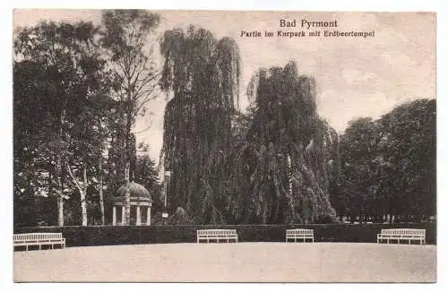 Ak Bad Pyrmont Partie im Kurpark mit Erdbeertempel