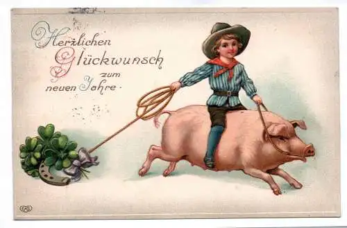 Künstler Ak Glückwunsch zum neuen Jahre Kinder reitet auf Schwein 1912