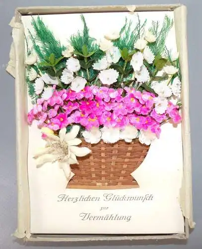 Alte Karte zur Vermählung Heirat handgebastelt Kunstblumen 