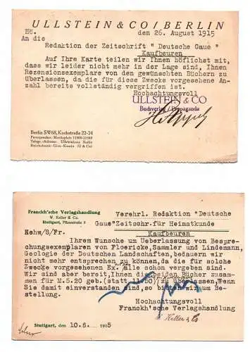 2x Postkarte Firmenlochung Ullstein Berlin Franckhsche Verlagshandlung Stuttgart