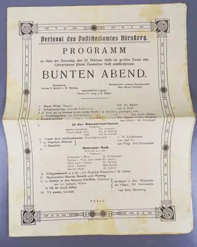 Nürnberg Programm  Bunter Abend Hotel Deutscher Hof 1920 Postscheckamt