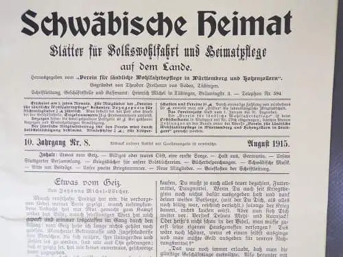 Schwäbische Heimat 1915 Nr 8 und 9 Volkswohlfahrt Heimatpflege Zeitung