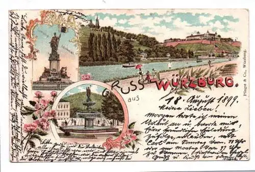Litho Ak Gruss aus Würzburg 1899 Kilian Brunnen