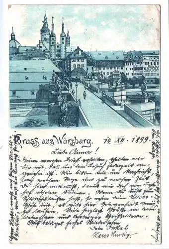 Litho Ak Gruss aus Würzburg 1899 Brücke