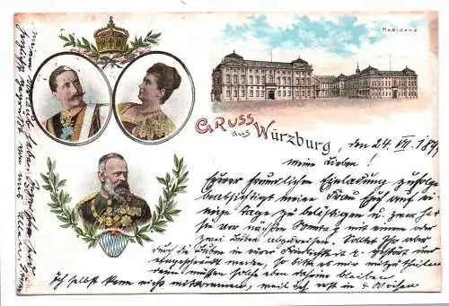 Litho Ak Gruss aus Würzburg 1899 Residenz