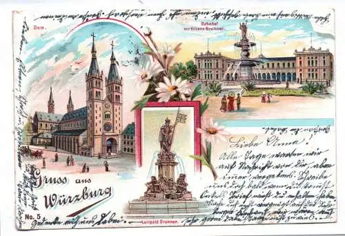 Litho Ak Gruss aus Würzburg 1899 Bahnhof mit Kilians Brunnen
