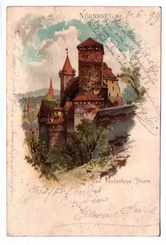 Litho Ak Der Fünfeckige Turm Nürnberg 1899