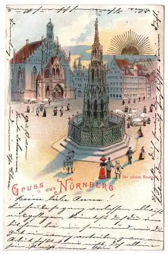 Litho Ak Gruss aus Nürnberg 1899 Der schöne Brunnen