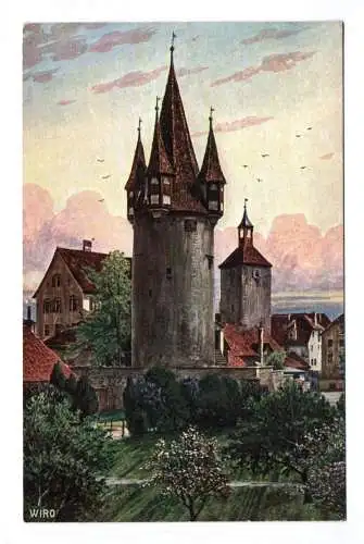 Künstler Ak Lindau in Bayern Diebsturm und Peterskirche Wiedemanns Künstlerkarte