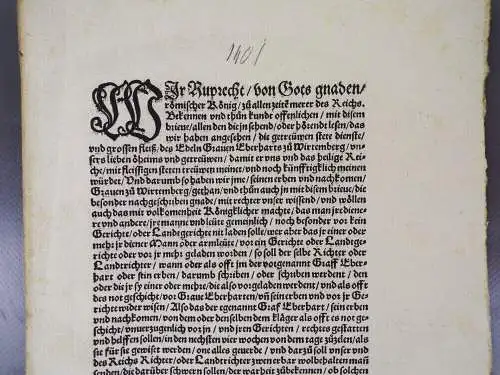 Alter Druck 1401 König Rupprecht Bekenntnis Eberhardt zu Württemberg 