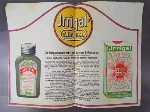 Altes Reklame Blatt Irrigal Tabletten Spülung Drogerie um 1910 Frauenhygiene