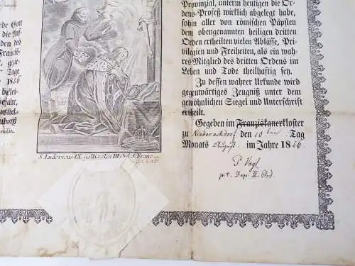 Urkunde Eintritt Franziskaner Orden Kloster Niederachdorf 1856