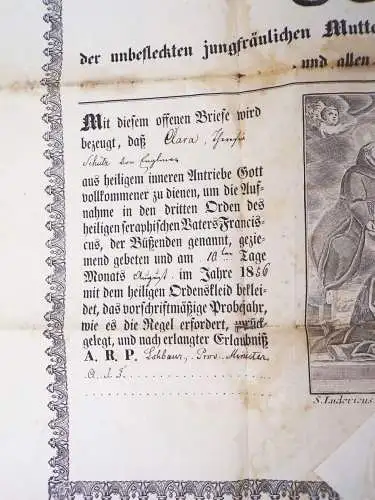 Urkunde Eintritt Franziskaner Orden Kloster Niederachdorf 1856