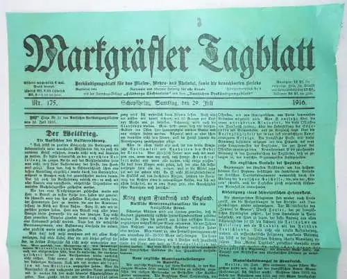 Markgräfler Tagblatt Nr 175 Schopfheim 1916 Zeitung