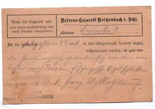 Feldpostkarte Reserve Lazarett Reichenbach Schlesien 1 Wk