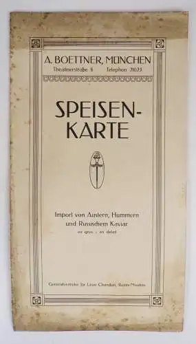 Alte Speisekarte Boettner München um 1910