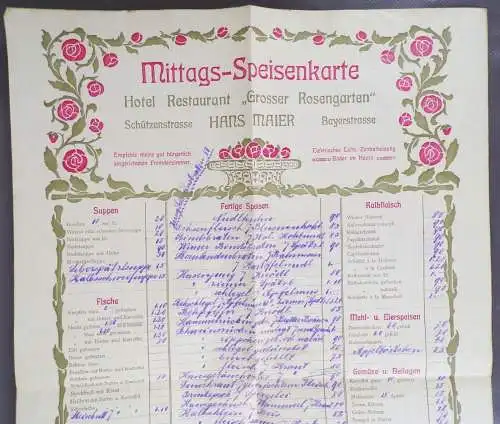 Alte Speisekarte Mittag Grosser Rosengarten Hans Maier München Jugendstil