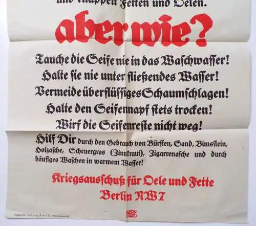 Plakat 1 Wk Spare Seife Fette und Öle Kriegsausschuss Berlin