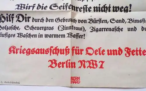 Plakat 1 Wk Spare Seife Fette und Öle Kriegsausschuss Berlin