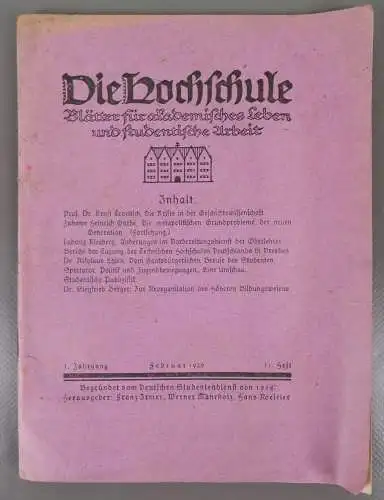 Die Hochschule Blätter für akademisches Leben und studentische Arbeit 1920