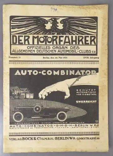 Der Motorfahrer Allgemeiner deutscher Automobil Club 1921 Nr 21 Oldtimer