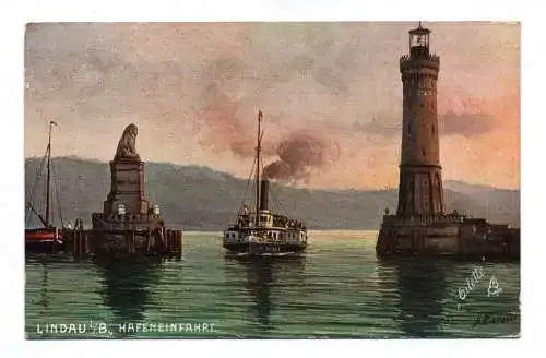 Künstler Ak Lindau in Bayern Hafeneinfahrt Leuchtturm 1910 Dampfschiff