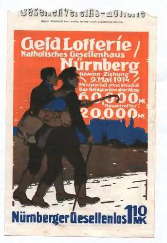 Altes Lotterielos Nürnberg Geldlotterie katholisches Gesellenhaus 1914 ticket