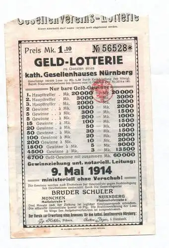 Altes Lotterielos Nürnberg Geldlotterie katholisches Gesellenhaus 1914 ticket