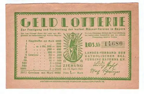 Lotterielos Geldlotterie katholischer Männerverein Bayern 1921