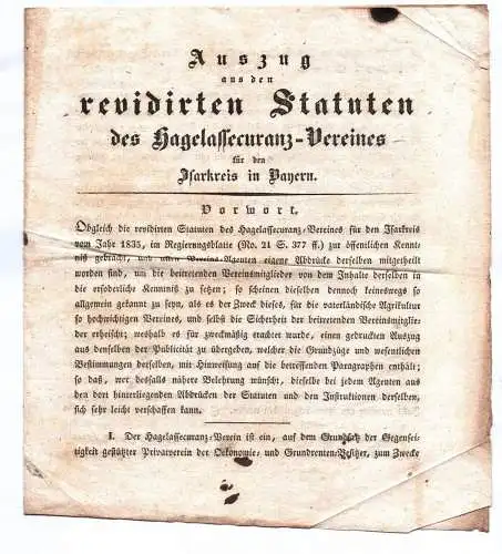 Auszug Statuten des Hadelassecuranz Verein Isar Kreis Bayern Versicherung 1850