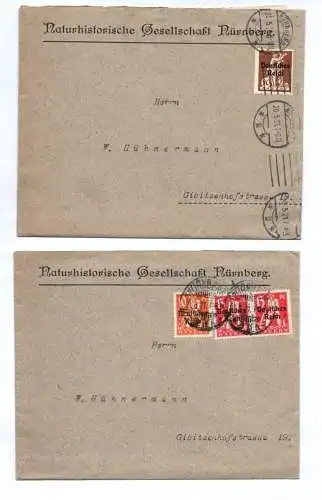 2 Briefe Naturhistorische Gesellschaft Nürnberg 1921 Frankatur