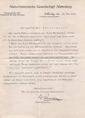 2 Briefe Naturhistorische Gesellschaft Nürnberg 1921 Frankatur