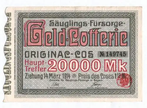 Säugling Fürsorge Geldlotterie Los 1914 Bayern lottery ticket altes Lotterielos