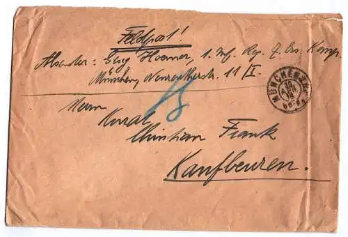 Feldpost Brief Reklamemarken Männer Turnverein München 1879 Würzburg