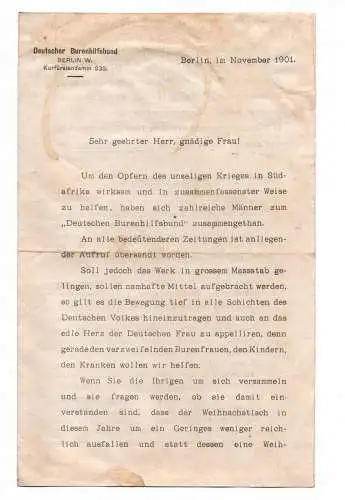 Deutscher Burenhilfsbund Berlin 1901 Brief Buren Afrika Kolonie